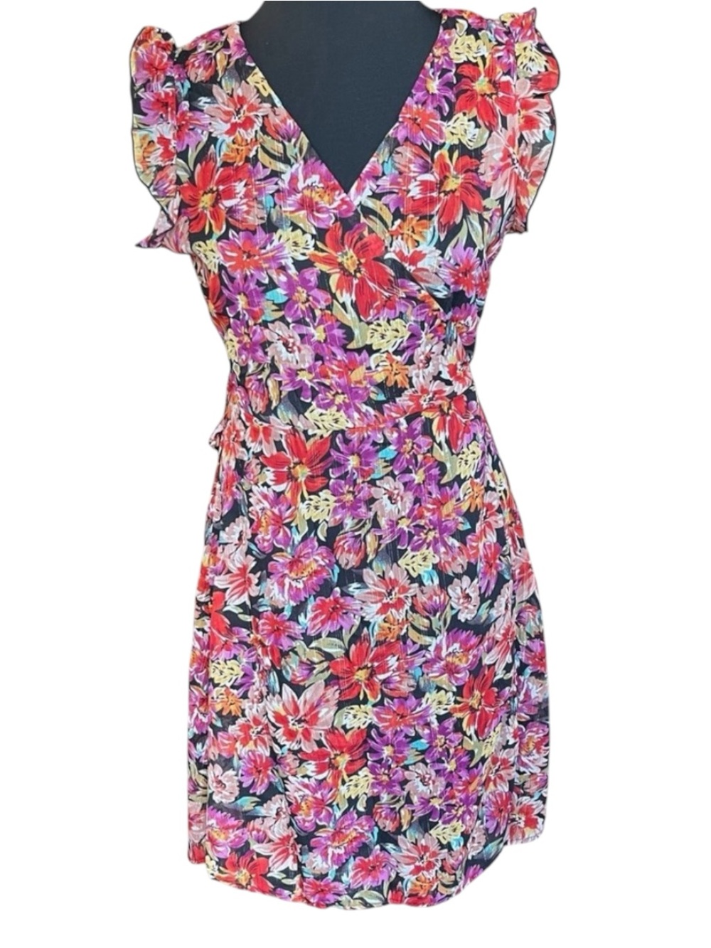 Lilie Rose Paris Black/Multi Floral Ruffle Cap Sleeve Wrap Dress (M)